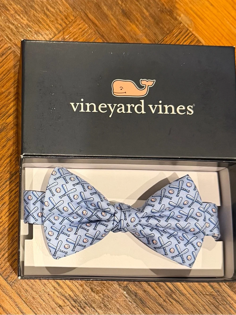 Vineyard Vines Light Blue Bow Tie with Baseball Design